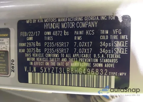 2017 Hyundai Santa Fe Sport 2.4L z USA, uszkodzony, nr VIN 5XYZT3LB8HG496832